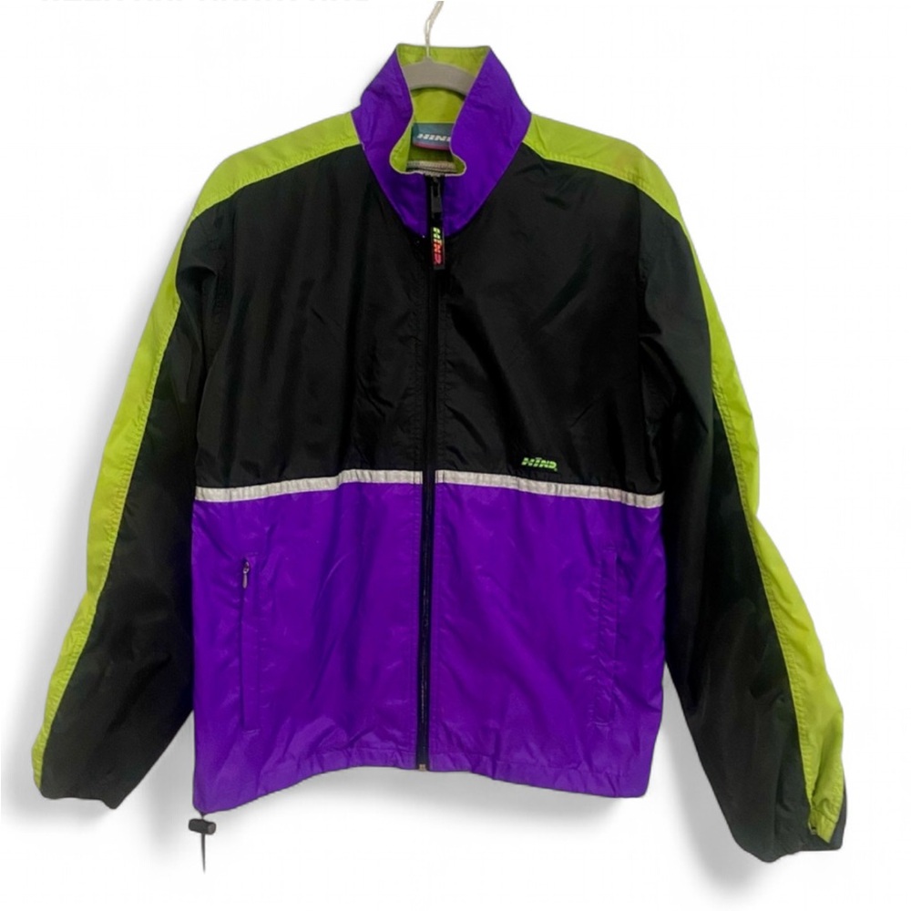 VINTAGE 90’S HIND FULL ZIP NYLON WINDBREAKER JACKET BLACK PURPLE GREEN SMALL